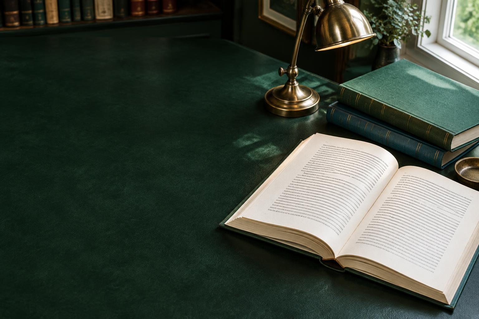 Livros sobre uma mesa de leitura verde, sob uma luminária de latão